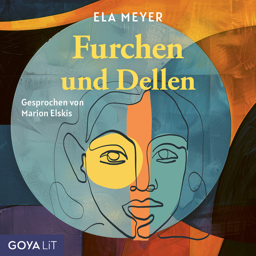 Grafisch gestaltetes Cover mit abstrakten Formen in Blau-, Orange-, Gelb- und Violetttönen. Oben mittig steht in heller Schrift der Name „Ela Meyer“. Darunter, in großer gelber Schrift, der Titel „Furchen und Dellen“. Links daneben steht in weißer Schrift „Gesprochen von Marion Elskis“. Im Zentrum befindet sich eine stilisierte Darstellung eines Gesichts, das aus mehreren farbigen Flächen zusammengesetzt ist. Die linke Gesichtshälfte ist überwiegend gelb, die rechte in grünlich-blauen Tönen, dazwischen verläuft eine senkrechte orangefarbene Fläche. Die Konturen des Gesichts sind als schwarze Linien gezeichnet. Das Gesicht liegt innerhalb einer großen, kreisförmigen Fläche in hellblauen Tönen.